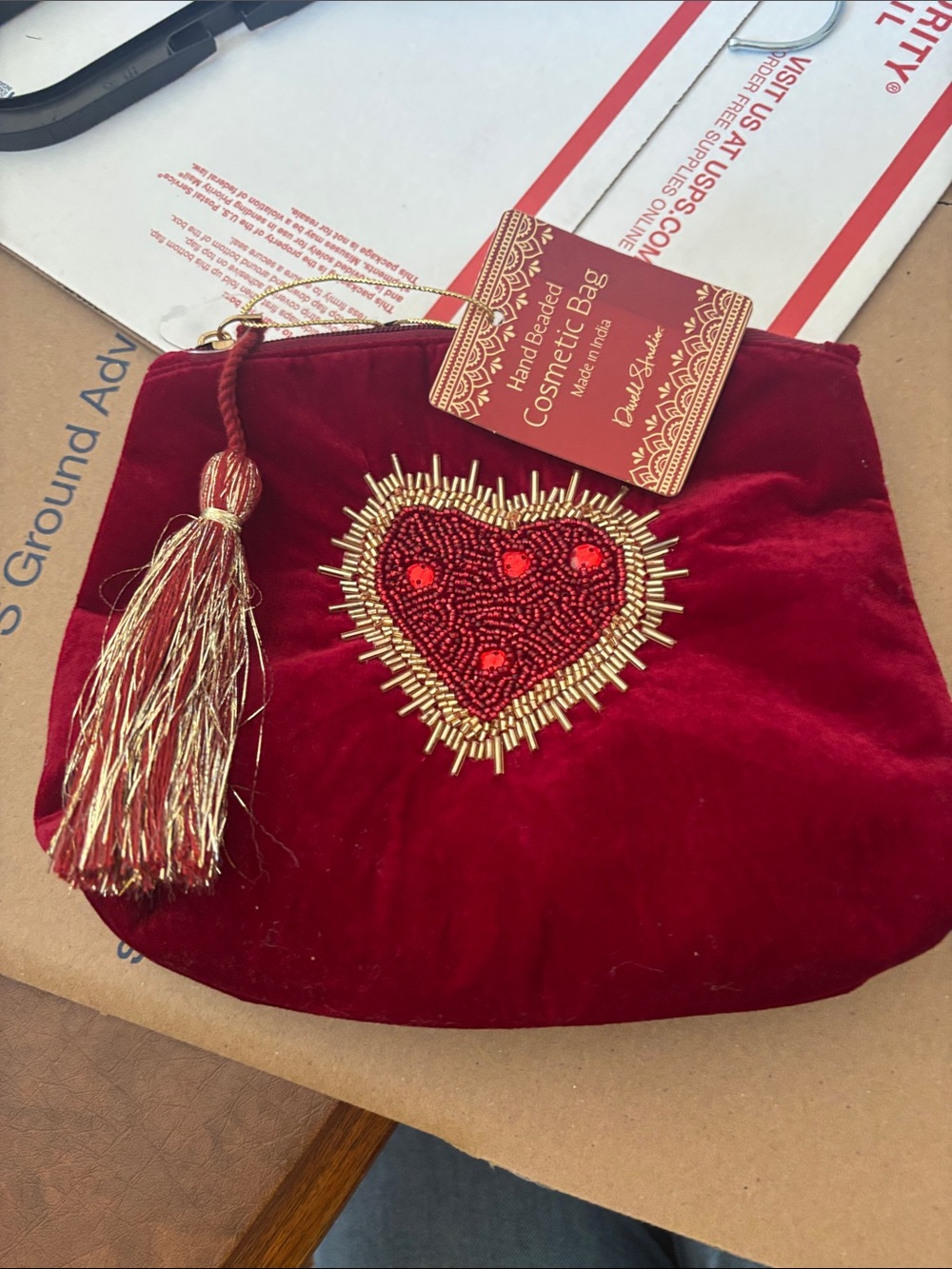NWT Dwell Studio Hand Beaded Red Velvet Cosmetic Bag with Tassel